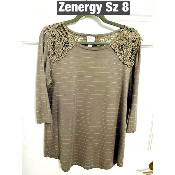 Chico's Tops - Zenergy by Chicos gray Striped Top with Glittery Lace Shoulders and back Sz 8-10